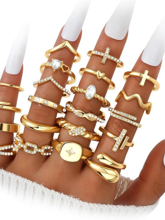 Jewelry - Gold Stackable Rings Set for Women, Gold Plated Chunky Crystal Finger Midi Stack